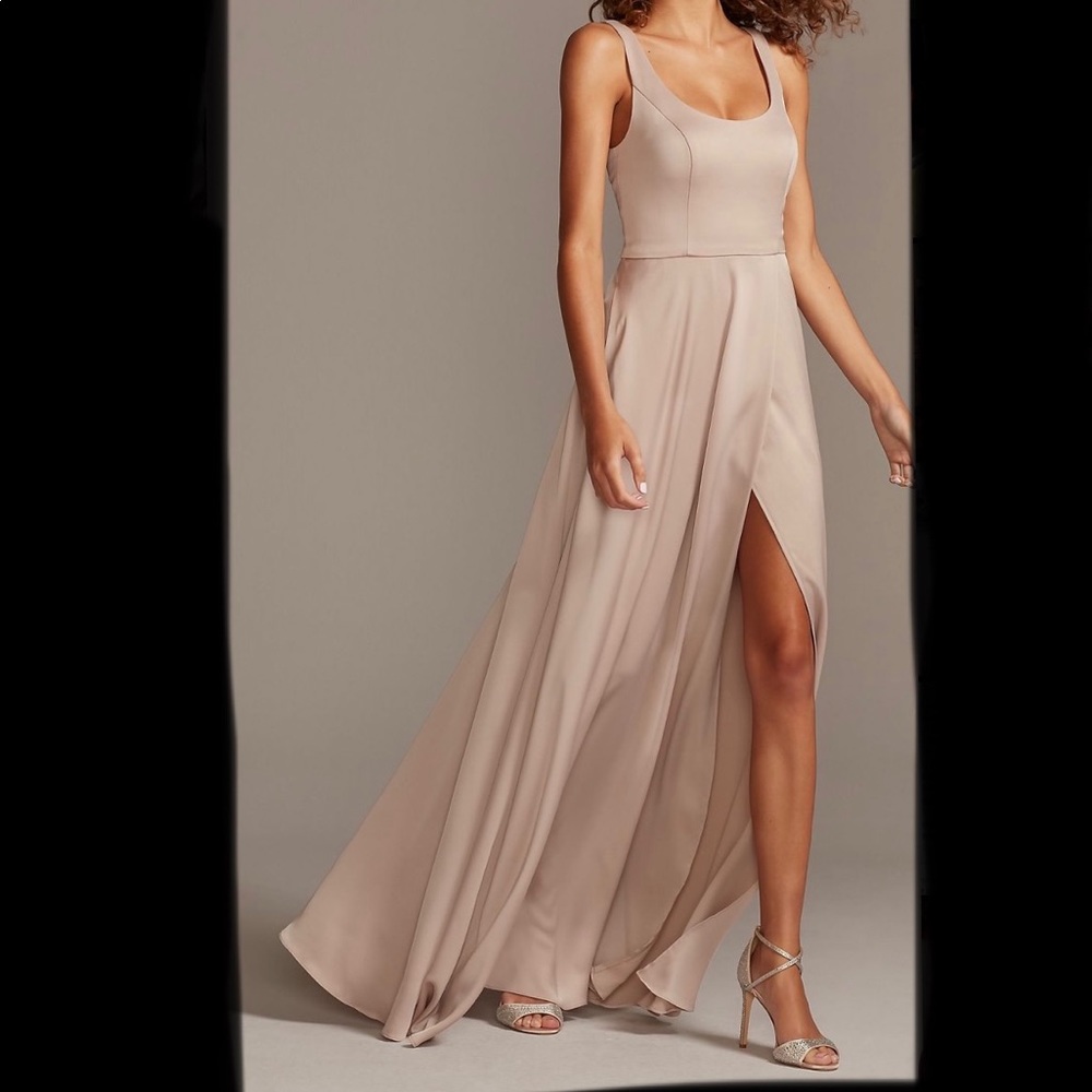 Crepe-Back Satin Scoop Tank Bridesmaid Dress from David’s Bridal color Biscotti